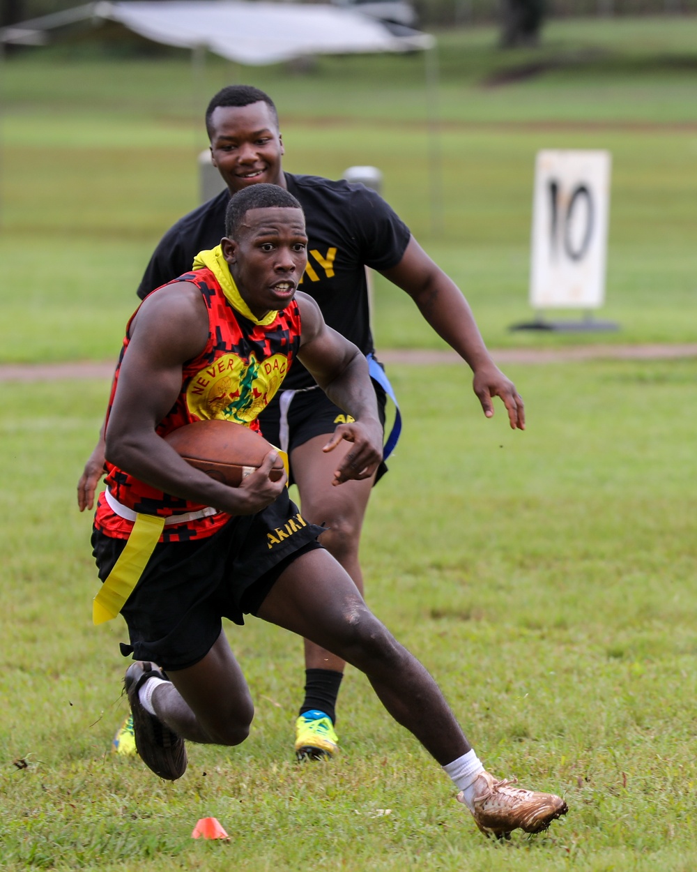 U.S. Army Soldiers from the 130th Engineer Brigade compete in flag football