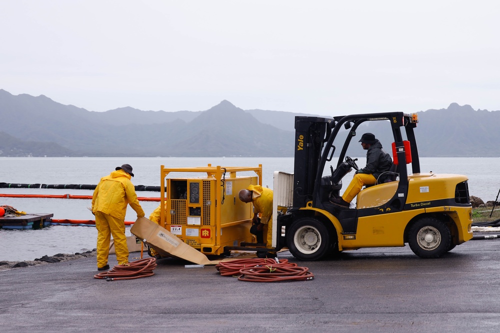 Experts Position Salvage Roller Bags During Salvage Preparation of U.S. Navy P-8A Poseidon in Kaneohe Bay.