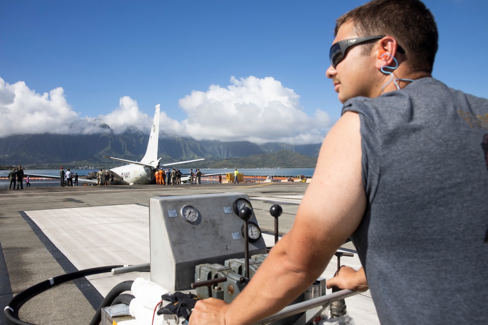 Salvage Team Positions U.S. Navy P-8A Poseidon for Extraction from Kaneohe Bay