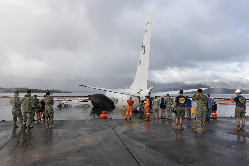 U.S. Navy P-8A Poseidon is Positioned for Extraction from Kaneohe Bay.