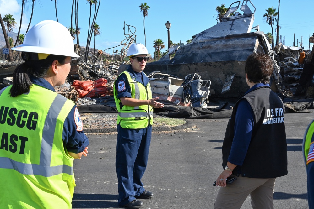 Coast Guard provides harbor updates to US Fire Administration, FEMA and DHS representatives on Western Maui Wildfires Emergency Support Function #10 operations in Lahaina, Hawaii