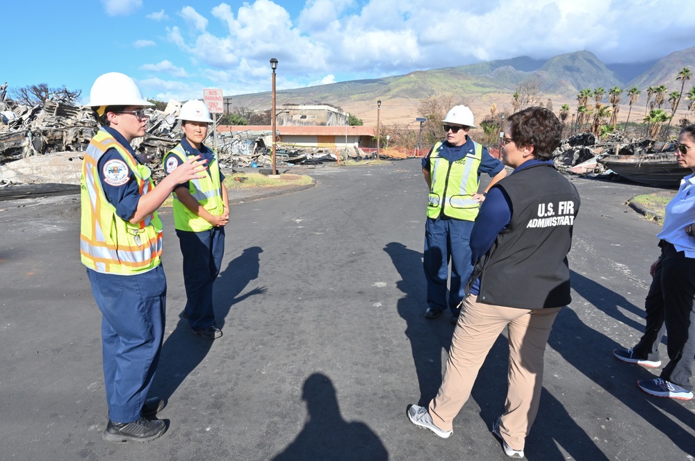Coast Guard provides harbor updates to US Fire Administration, FEMA and DHS representatives on Western Maui Wildfires Emergency Support Function #10 operations in Lahaina, Hawaii