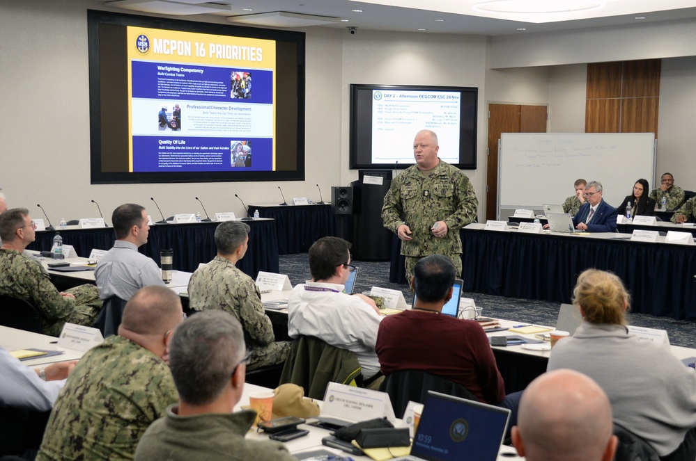 Master Chief Petty Officer of the Navy James Honea speaks to region commanders and leadership during the annual CNIC Executive Steering Committee