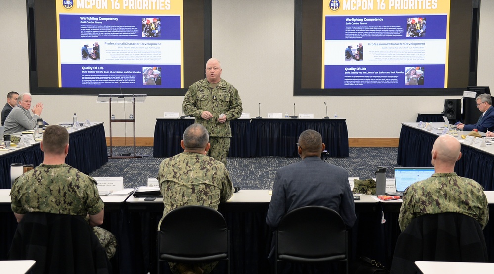 Master Chief Petty Officer of the Navy James Honea speaks to region commanders and leadership during the annual CNIC Executive Steering Committee