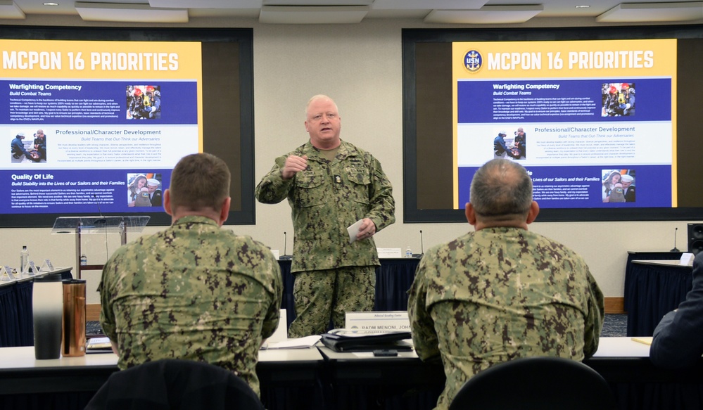 ) Master Chief Petty Officer of the Navy James Honea speaks to region commanders and leadership during the annual CNIC Executive Steering Committee