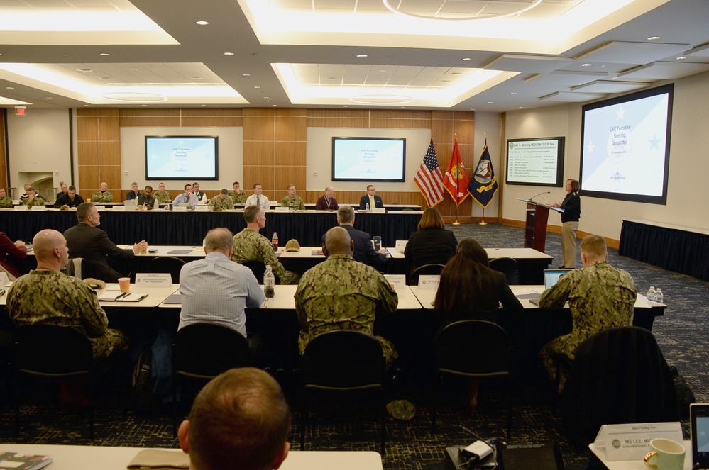 Chief of Naval Operations Adm. Lisa Franchetti speaks to region commanders and leadership during the annual Commander, Navy Installations Command’s (CNIC) Executive Steering Committee