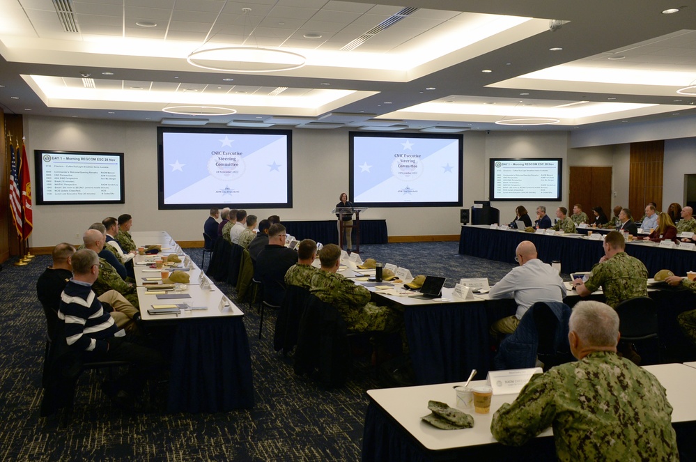 Chief of Naval Operations Adm. Lisa Franchetti speaks to region commanders and leadership during the annual Commander, Navy Installations Command’s Executive Steering Committee