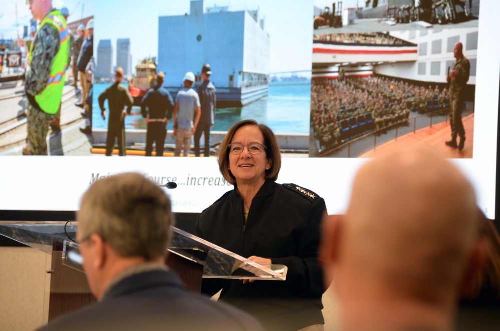 Chief of Naval Operations Adm. Lisa Franchetti speaks to region commanders and leadership during the annual Commander, Navy Installations Command’s Executive Steering Committee