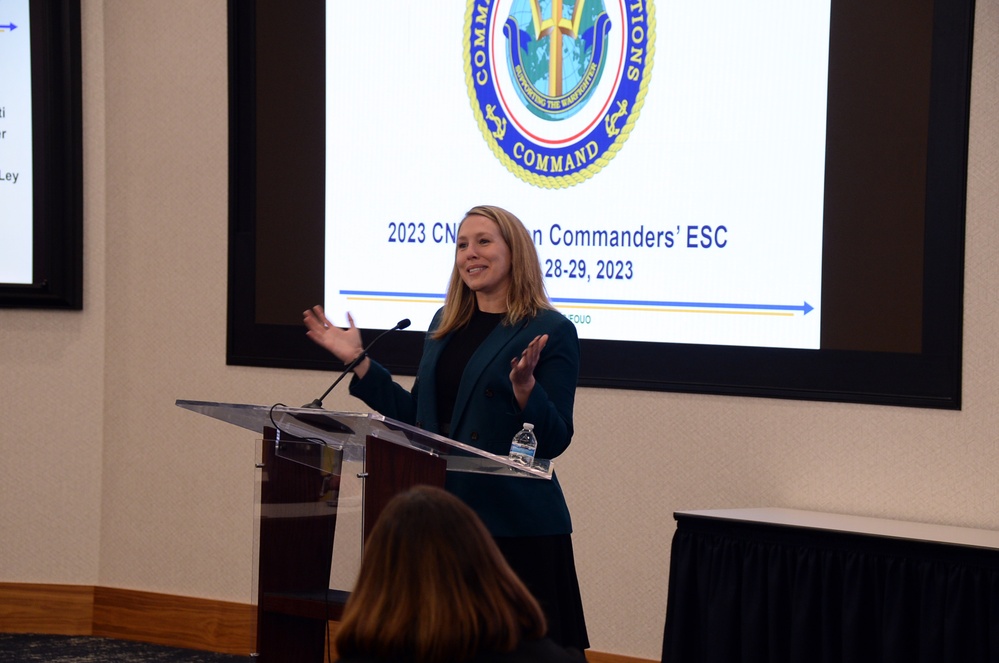 The Honorable Meredith Berger, Assistant Secretary of the Navy for Energy, Installations and Environment speaks to region commanders and leadership during the annual CNIC Executive Steering Committee