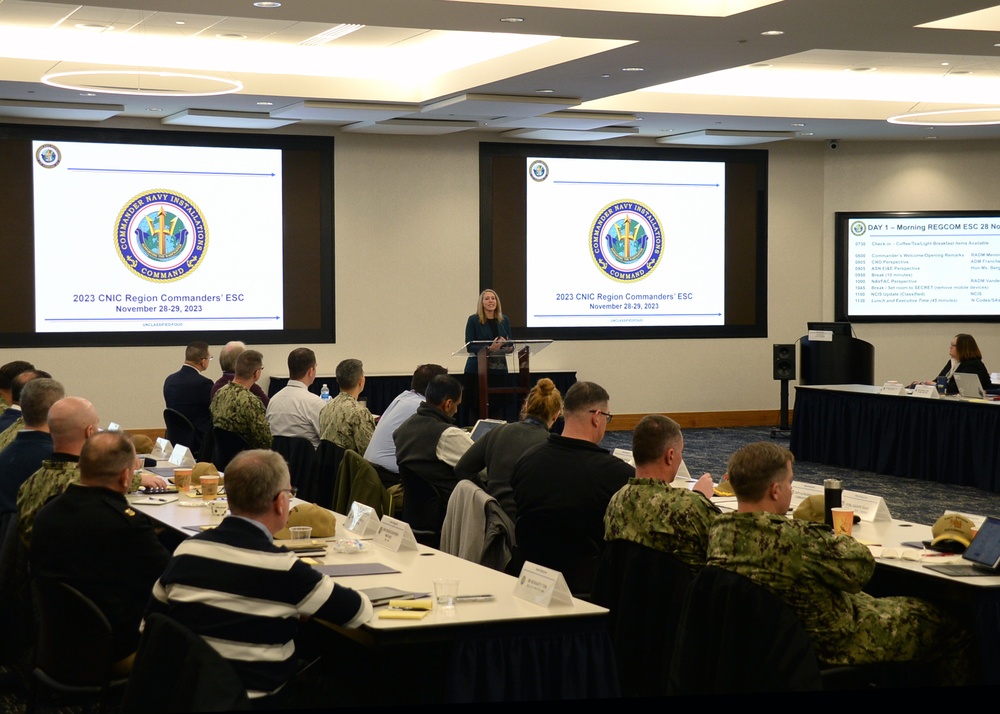 The Honorable Meredith Berger, Assistant Secretary of the Navy for Energy, Installations and Environment speaks to region commanders and leadership during the annual CNIC Executive Steering Committee