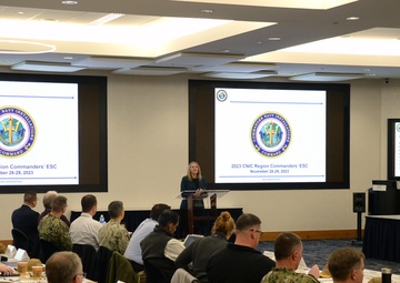The Honorable Meredith Berger, Assistant Secretary of the Navy for Energy, Installations and Environment speaks to region commanders and leadership during the annual CNIC Executive Steering Committee