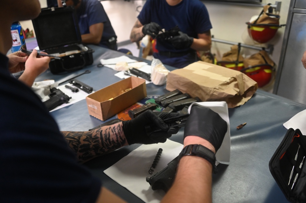 U.S. Coast Guard Cutter Waesche crew members transfer narcotics seized in the Eastern Pacific Ocean