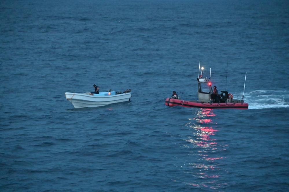 U.S. Coast Guard Cutter Waesche crew members transfer narcotics seized in the Eastern Pacific Ocean