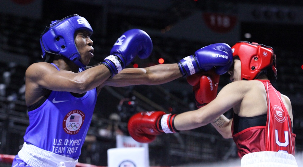 Pfc. Lupe Gutierrez of the U.S. Army World Class Athlete Program competes in the 2024 U.S. Olympic Trials for Boxing