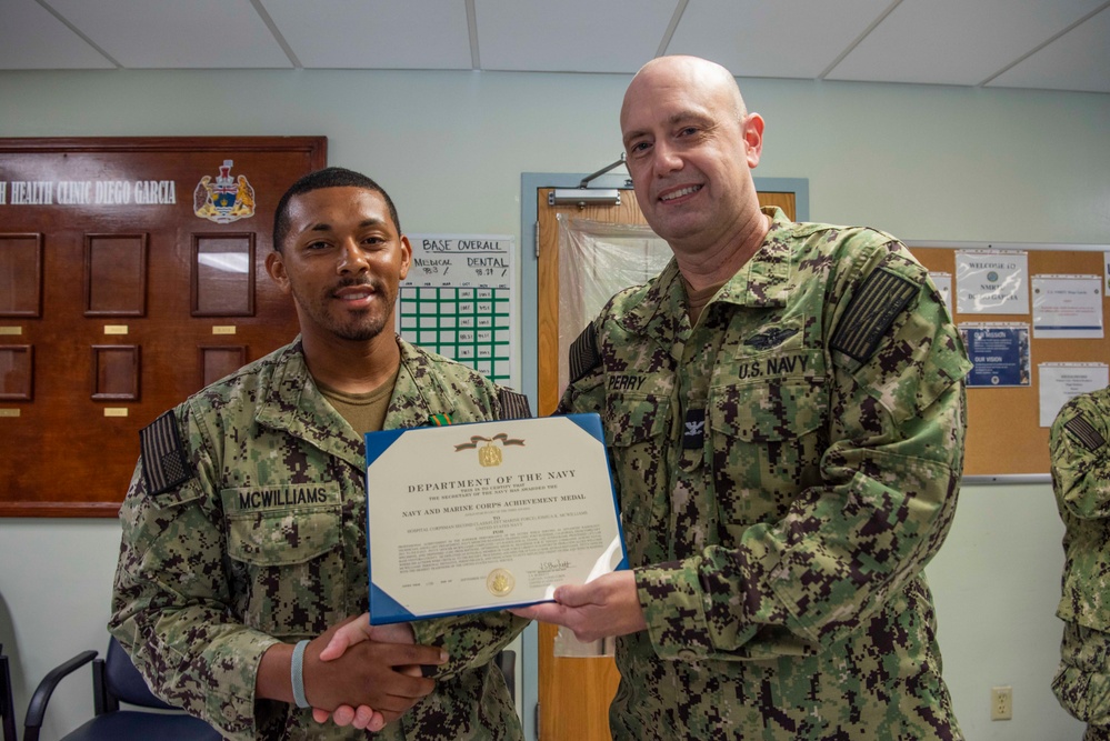 Director for Branch Clinics for NMRTC Capt. Johvin Perry visits NMRTU Diego Garcia