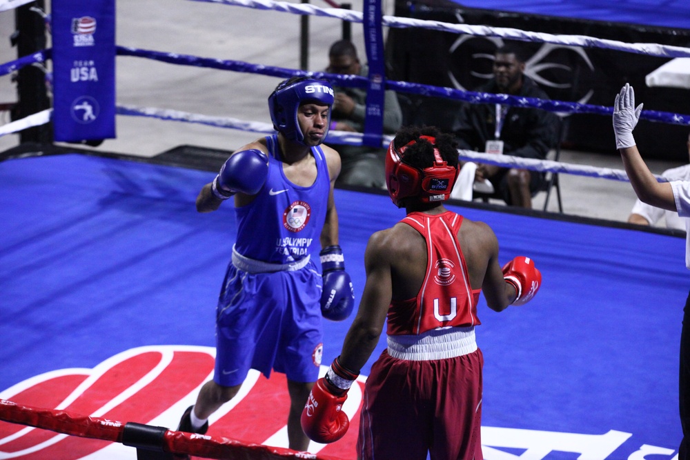 Spc. Eli Lankford of the U.S. Army World Class Athlete Program competes in the U.S. Olympic Trials for Boxing