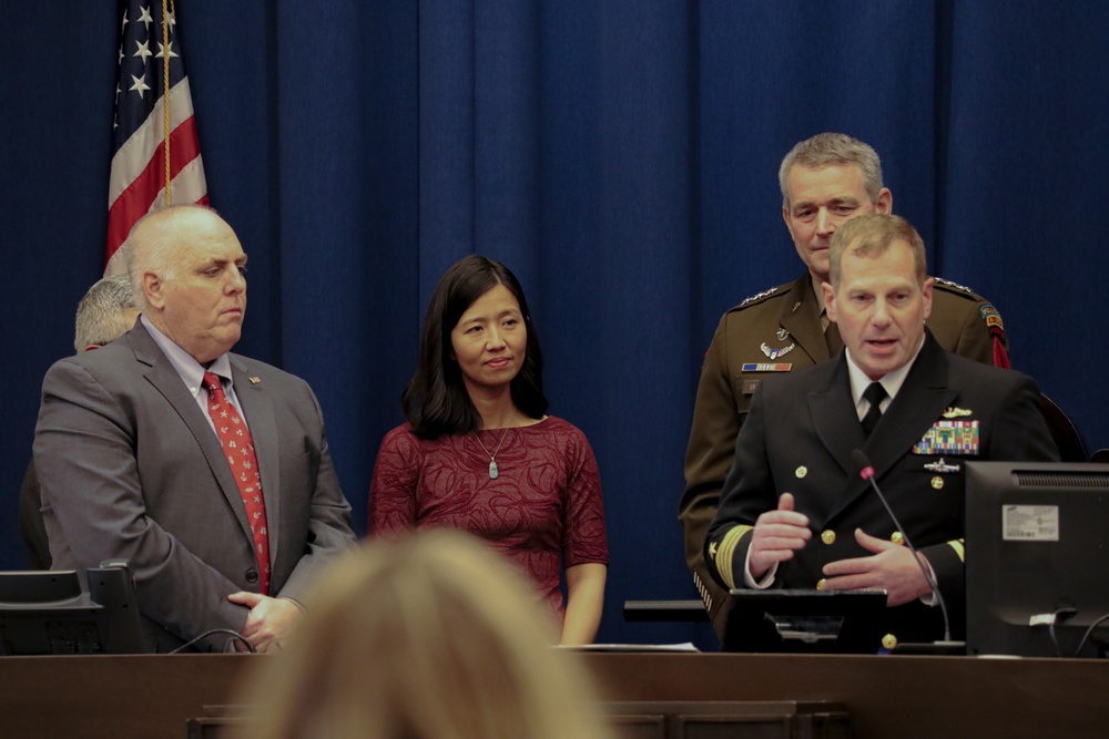 U.S. Army Special Operations Commanding General Lt. Gen. Jonathan Braga and U.S. Navy Capt. Roenke address the Boston City Council on the Army and Navy Day Proclamation