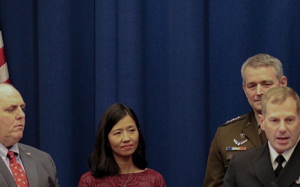 U.S. Army Special Operations Commanding General Lt. Gen. Jonathan Braga and U.S. Navy Capt. Roenke address the Boston City Council on the Army and Navy Day Proclamation