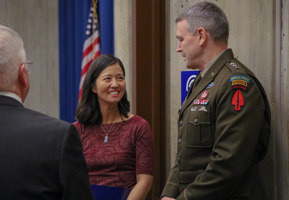 U.S. Army Special Operations Commanding General Lt. Gen. Jonathan Braga with Boston Mayor Michelle Wu at City Council Meeting