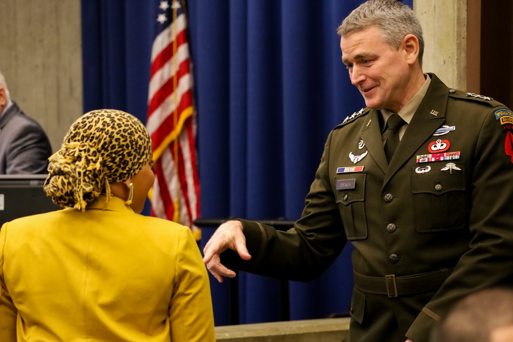 United States Army Special Operations Commanding General Lt. Gen. Jonathan Braga Greets Boston City Councilor for 'Army and Navy Day' Proclimation