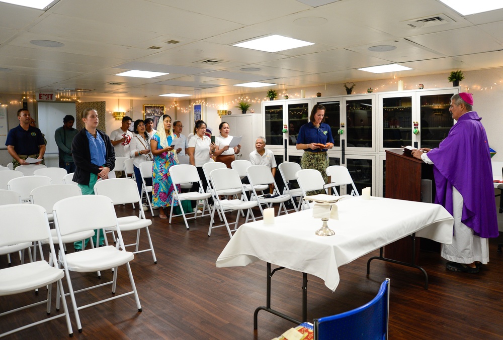 Pacific Partnership 2024-1: Archbishop Christopher Cardone leads catholic mass aboard USNS Mercy