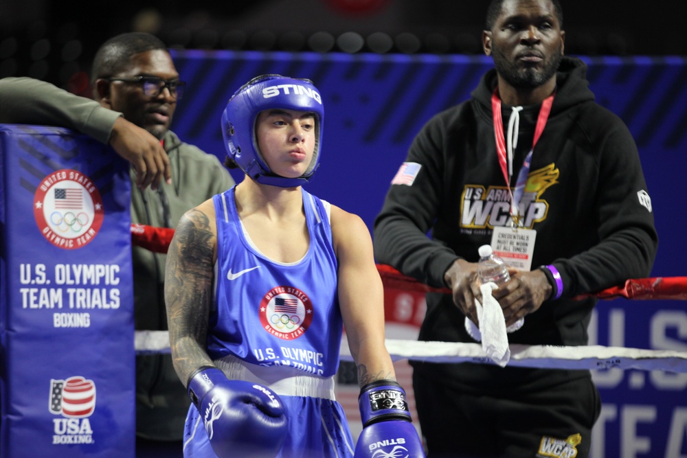 Pfc. Mariana Lopez of the U.S. Army World Class Athlete Program competes in the 2024 U.S. Olympic Trials for Boxing