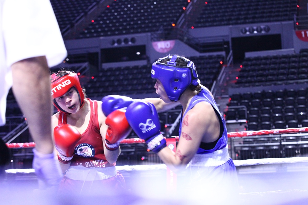 Private Second Class Sierra Martinez of the U.S. Army World Class Athlete Program competes in the 2024 U.S. Olympic Trials for Boxing