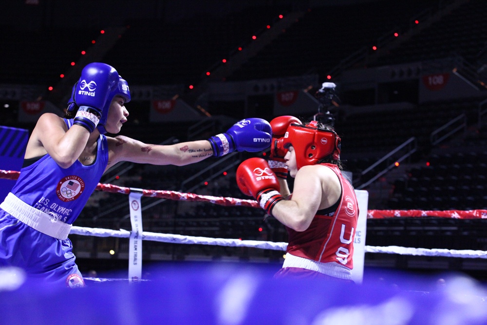 Private Second Class Sierra Martinez of the U.S. Army World Class Athlete Program competes in the 2024 U.S. Olympic Trials for Boxing