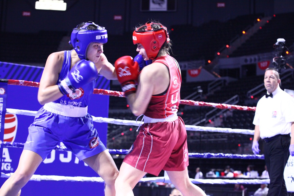 Private Second Class Sierra Martinez of the U.S. Army World Class Athlete Program competes in the 2024 U.S. Olympic Trials for Boxing