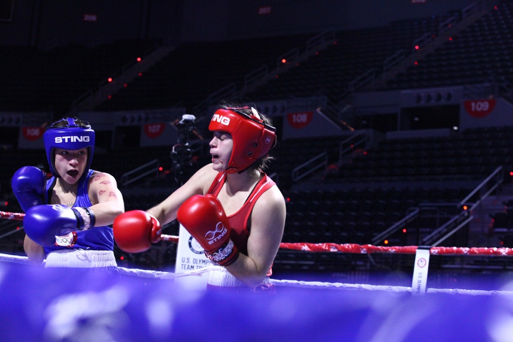 Private Second Class Sierra Martinez of the U.S. Army World Class Athlete Program competes in the 2024 U.S. Olympic Trials for Boxing