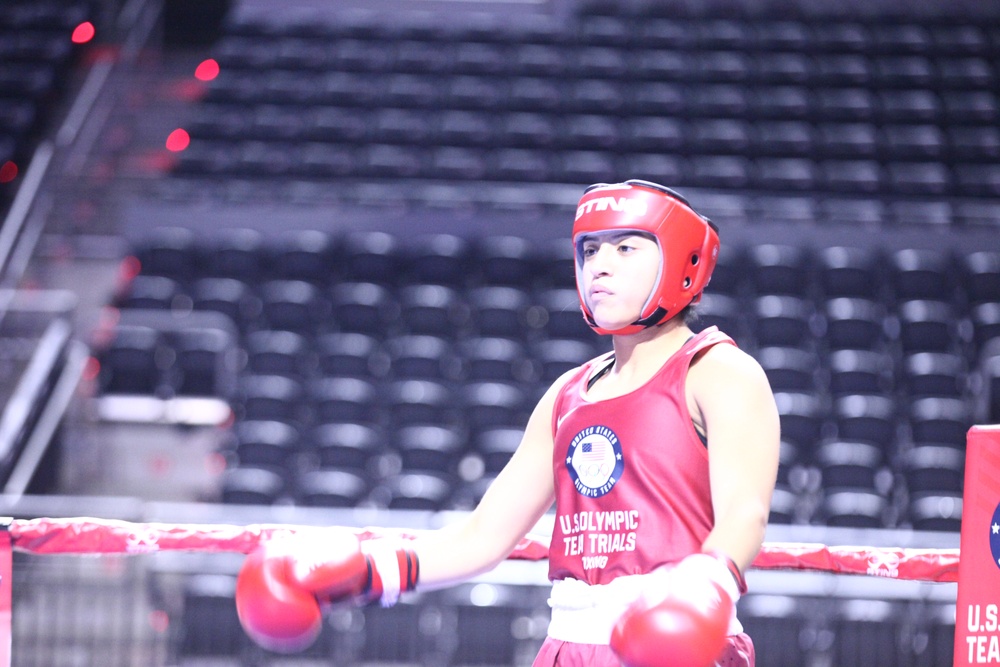 Pfc. Ariana Carrasco of the U.S. Army World Class Athlete Program competes in the 2024 U.S. Olympic Trials for Boxing