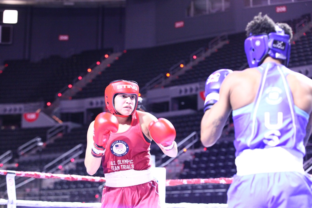 Pfc. Ariana Carrasco of the U.S. Army World Class Athlete Program competes in the 2024 U.S. Olympic Trials for Boxing
