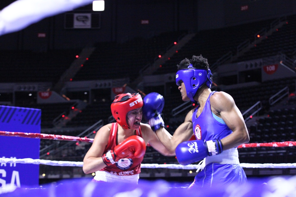 Pfc. Ariana Carrasco of the U.S. Army World Class Athlete Program competes in the 2024 U.S. Olympic Trials for Boxing