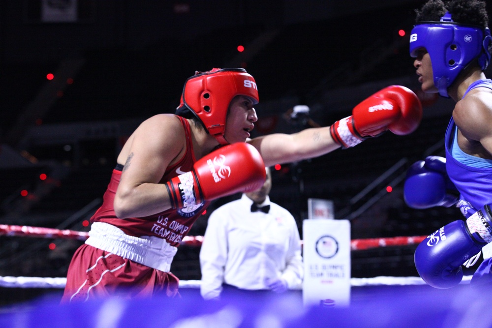 Pfc. Ariana Carrasco of the U.S. Army World Class Athlete Program competes in the 2024 U.S. Olympic Trials for Boxing