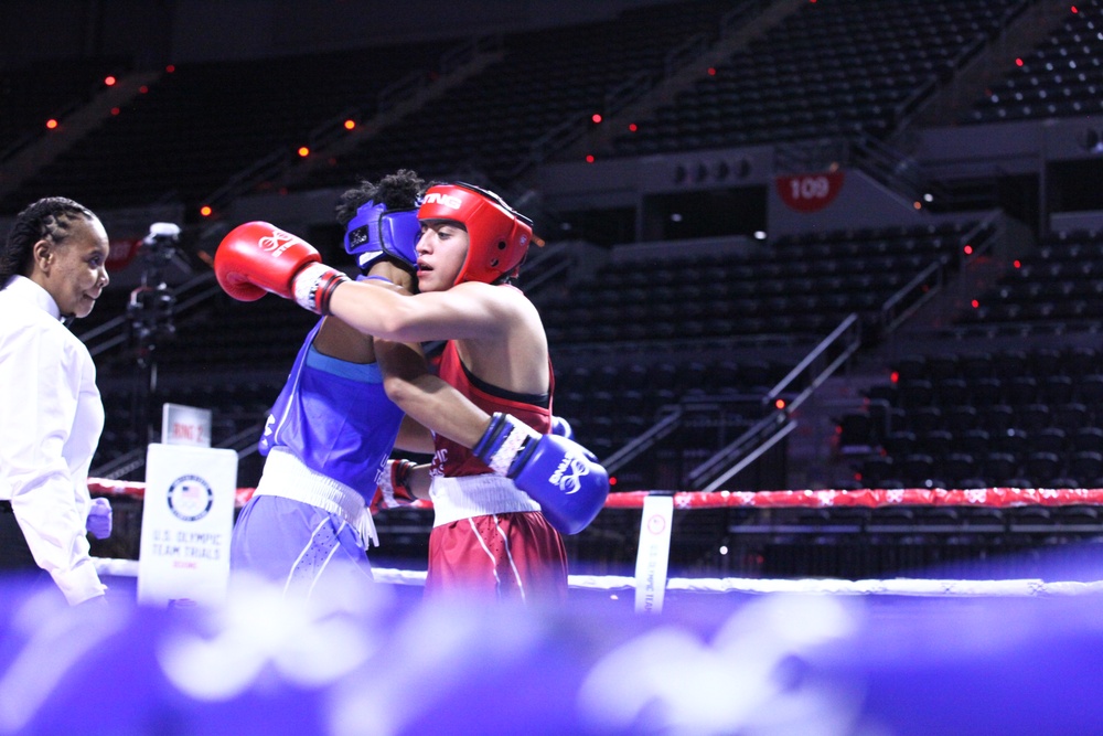 Pfc. Ariana Carrasco of the U.S. Army World Class Athlete Program competes in the 2024 U.S. Olympic Trials for Boxing