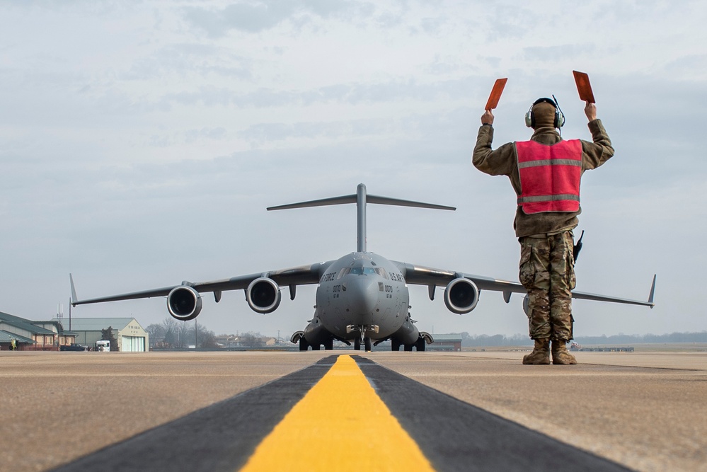 167th Airlift Wing conducts routine training flight