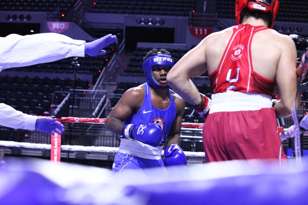 Pfc. Obed Bartee-El of the U.S. Army World Class Athlete Program competes in the U.S. Olympic Trials for Boxing