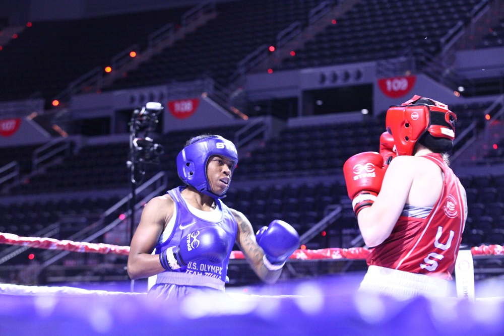 Sgt. Lisa Greer of the U.S. Army World Class Athlete Program competes in the 2024 U.S. Olympic Trials for Boxing