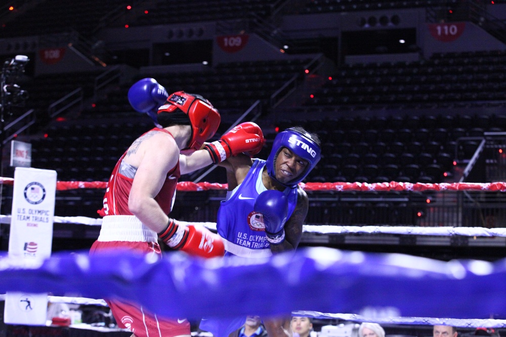 Sgt. Lisa Greer of the U.S. Army World Class Athlete Program competes in the 2024 U.S. Olympic Trials for Boxing