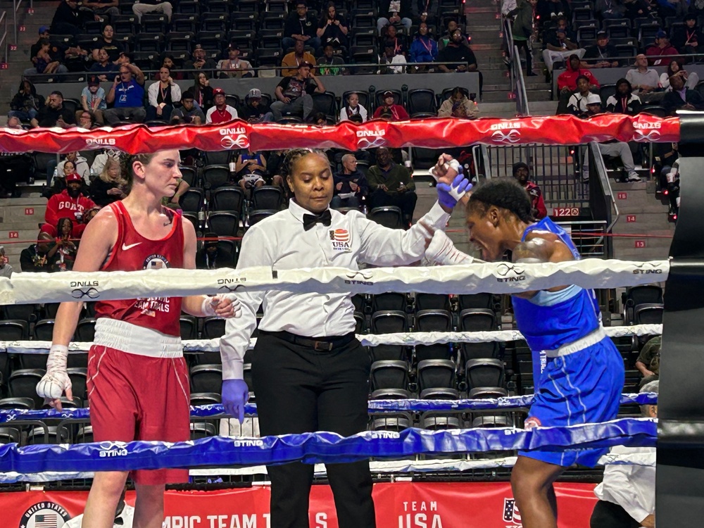 Sgt. Lisa Greer of the U.S. Army World Class Athlete Program competes in the 2024 U.S. Olympic Trials for Boxing