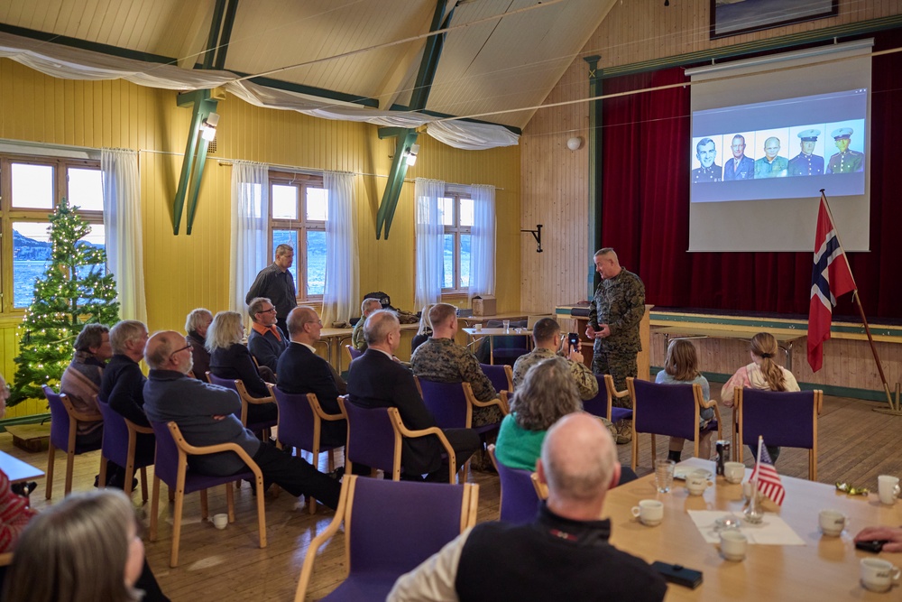 Maj. Gen. Sofge greets the Mayor and residents of Harstad