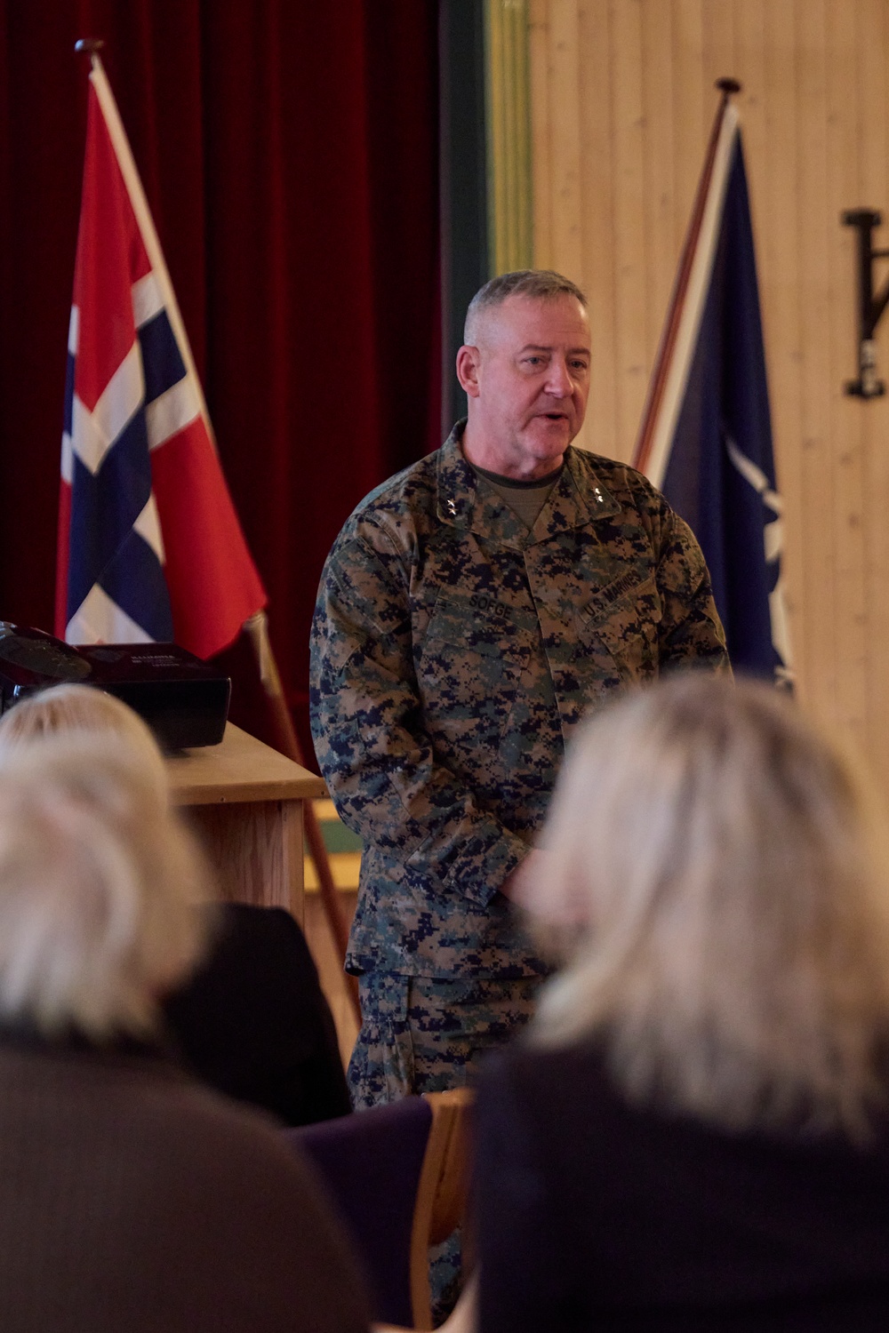 Maj. Gen. Sofge greets the Mayor and residents of Harstad