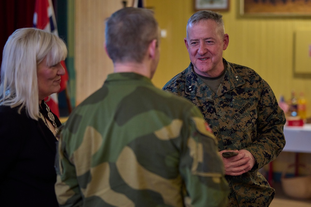 Maj. Gen. Sofge greets the Mayor and residents of Harstad