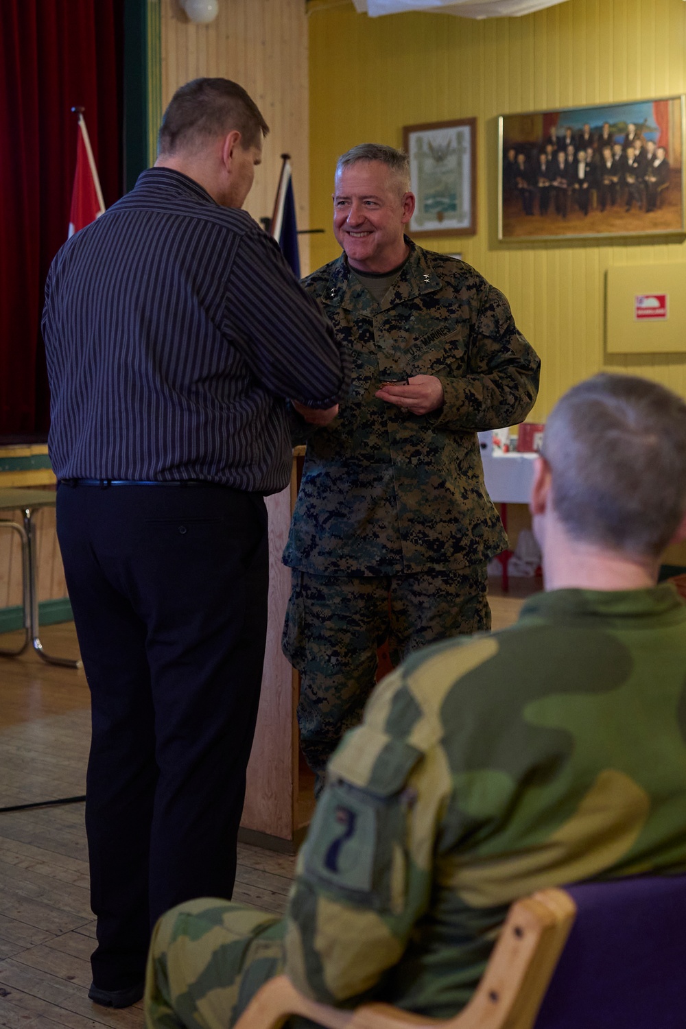 Maj. Gen. Sofge greets the Mayor and residents of Harstad