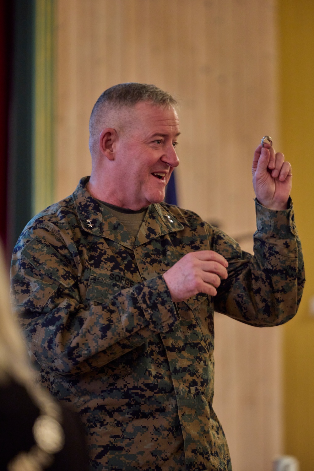 Maj. Gen. Sofge greets the Mayor and residents of Harstad