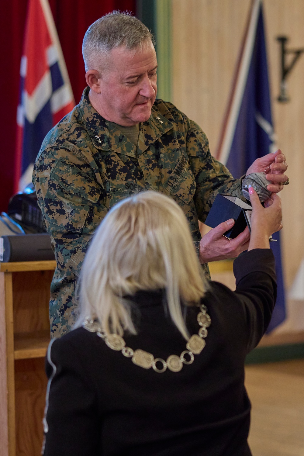 Maj. Gen. Sofge greets the Mayor and residents of Harstad