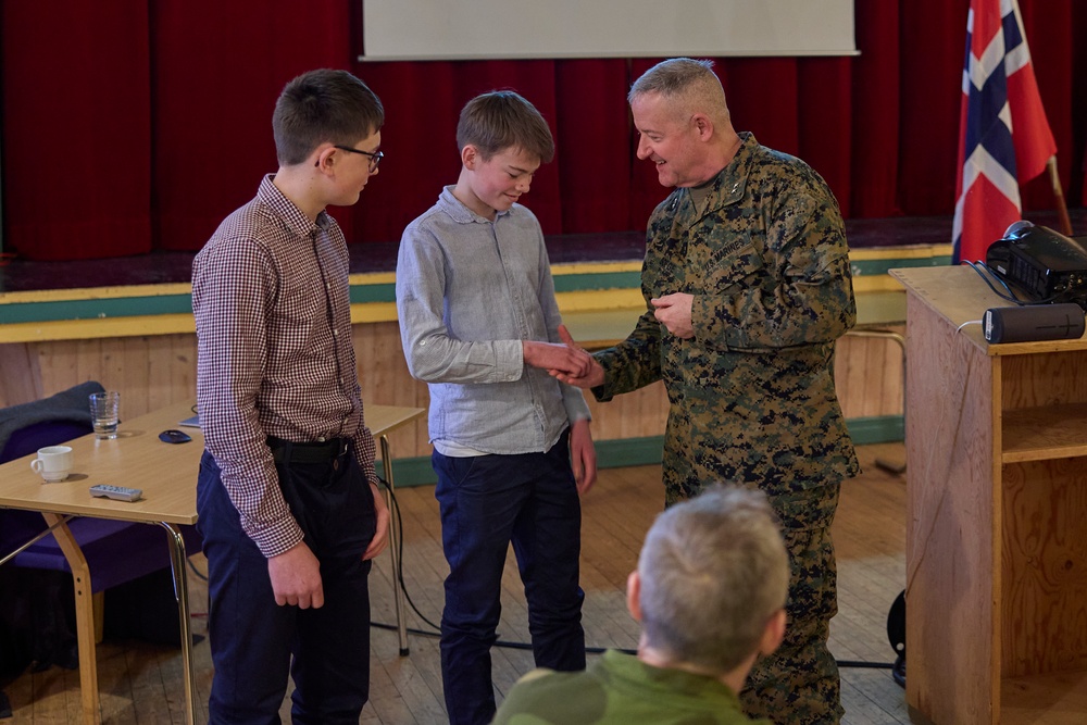 Maj. Gen. Sofge greets the Mayor and residents of Harstad