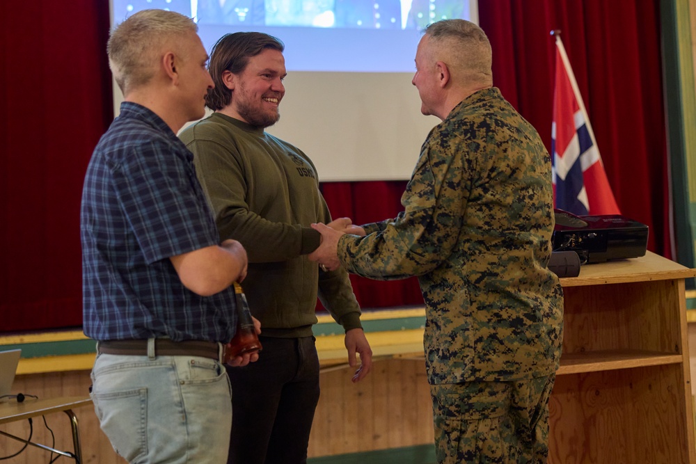 Maj. Gen. Sofge greets the Mayor and residents of Harstad