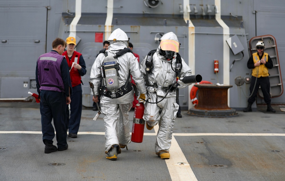 USS Dewey (DDG 105) Conducts Aircraft Firefighting Drill While Operating in the East China Sea