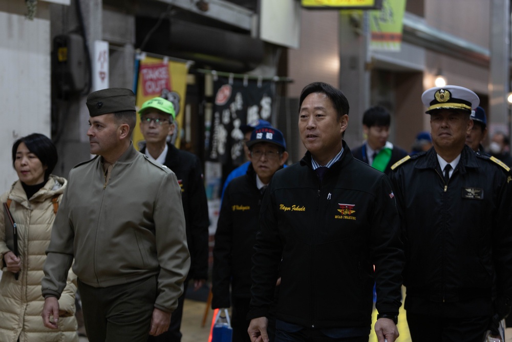 Iwakuni Mayor and Leadership from MCAS Iwakuni walk around Iwakuni and interact with the community